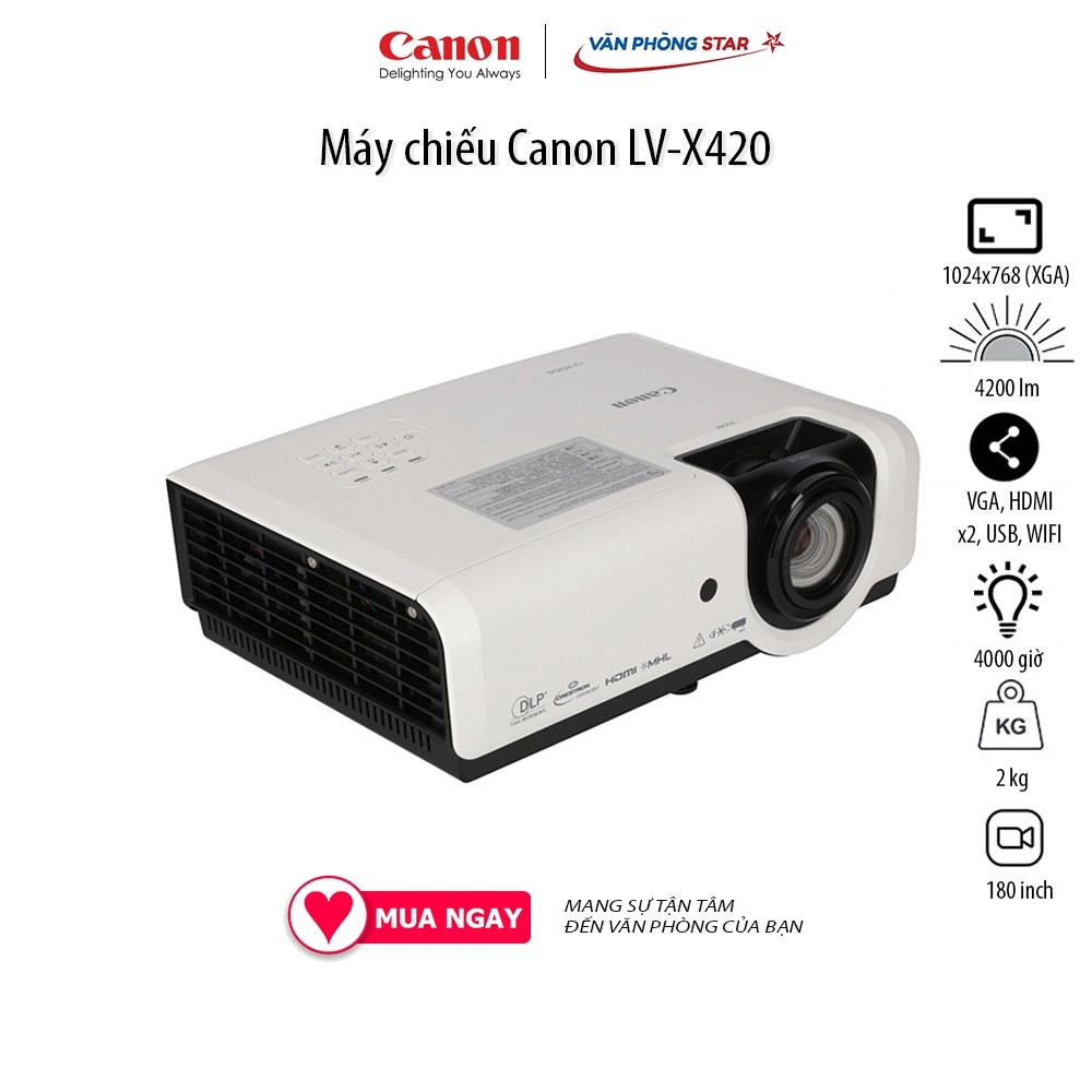 Máy chiếu Canon LV-X420, Độ sáng 4200 lm, Độ phân giải X420 HD720, Kích thước màn phóng 230 - 300 inch chính hãng