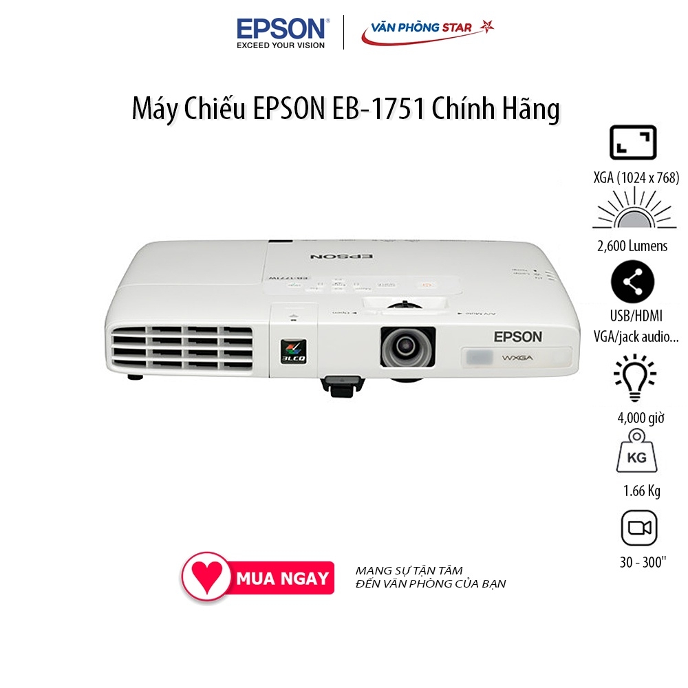 Máy Chiếu EPSON EB-1751 Chính Hãng. Độ phân giải 1024 x 768. Cường độ sáng 2,600 Lumens. Vùng chiếu 30 - 300