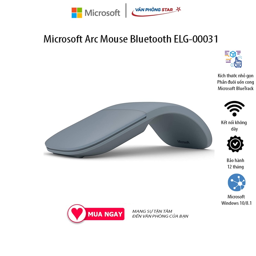 Chuột không dây Microsoft Arc Mouse Bluetooth ELG-00031 kết nối bluetooth 5.0 Công nghệ Microsoft BlueTrack™ chính hãng
