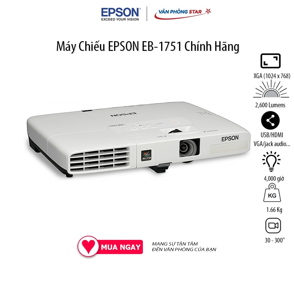 Máy Chiếu EPSON EB-1751 Chính Hãng. Độ phân giải 1024 x 768. Cường độ sáng 2,600 Lumens. Vùng chiếu 30 - 300