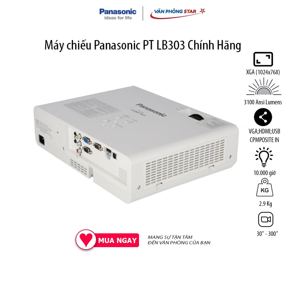 Máy chiếu Panasonic PT LB303 Độ phân giải XGA (1024x768), Độ sáng: 3100 Ansi Lumens. Tuổi thọ bóng đèn 10.000 giờ
