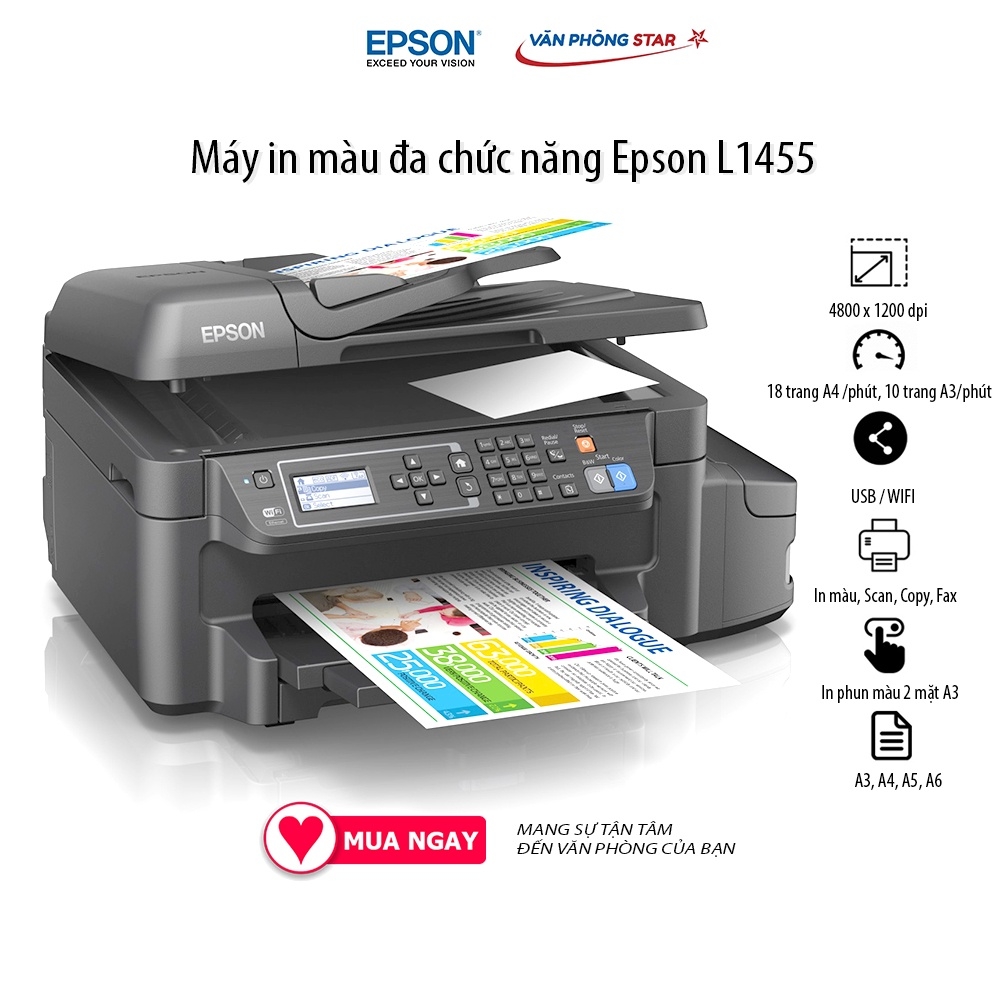 [FREESHIP] Máy in phun đa năng A3 Epson L1455 (In,Scan,Copy, Fax) 18 trang / 1 phút độ phân giải 4800 x 1200 dpi
