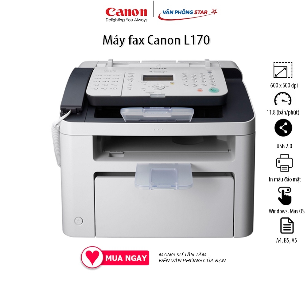Máy fax laser đa năng Canon L170 Fax - Copy - In, Tốc độ18 trang/phút, 600 dpi x 600 dpi, ADF, USB 2.0 High Speed