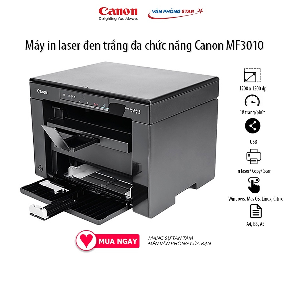 Máy In Canon ImageCLASS MF3010AE - Chính Hãng, A4 Đen Trắng, Đa Chức Năng In, Copy, Scan, kết nối Usb tại Vanphongstar