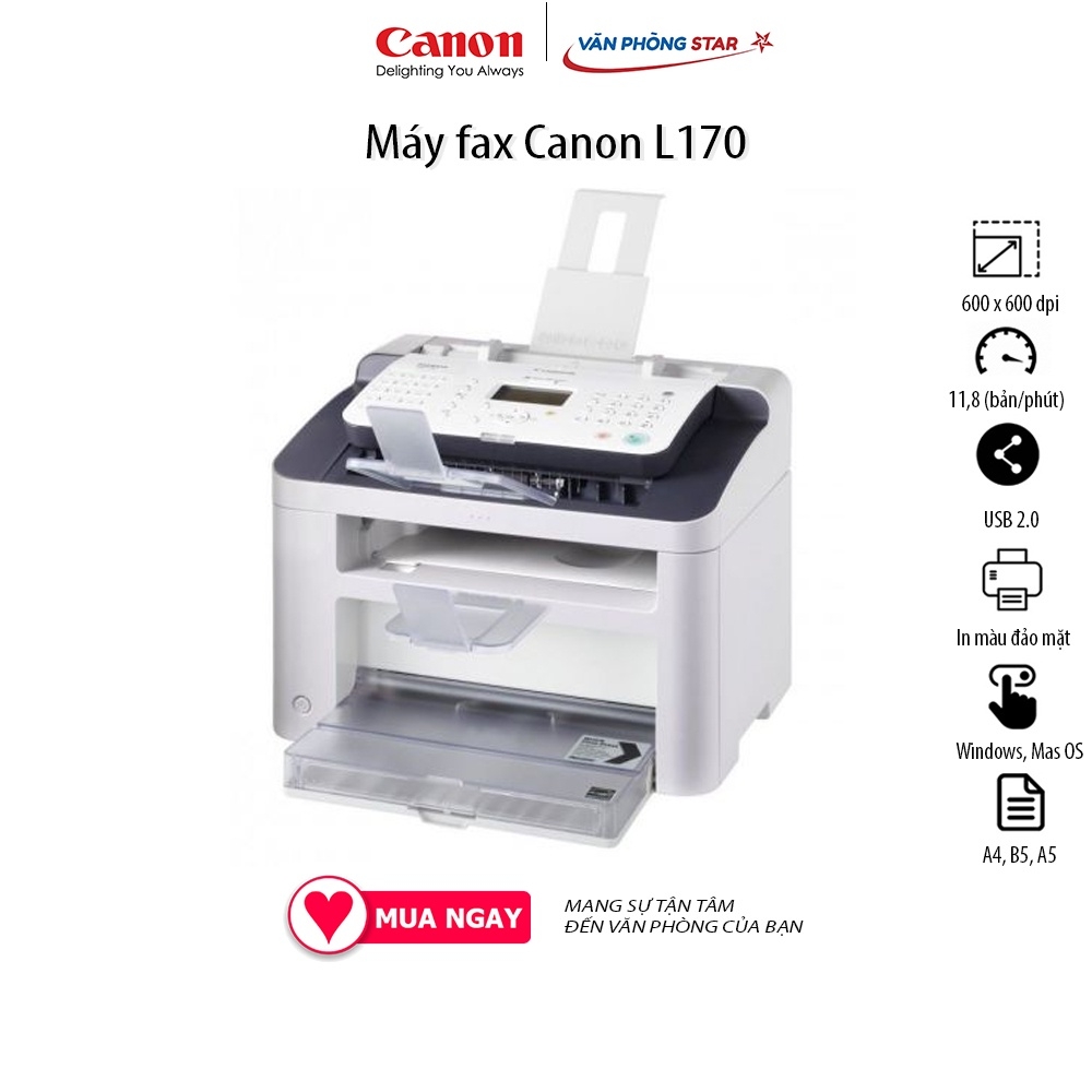 Máy fax laser đa năng Canon L170 Fax - Copy - In, Tốc độ18 trang/phút, 600 dpi x 600 dpi, ADF, USB 2.0 High Speed