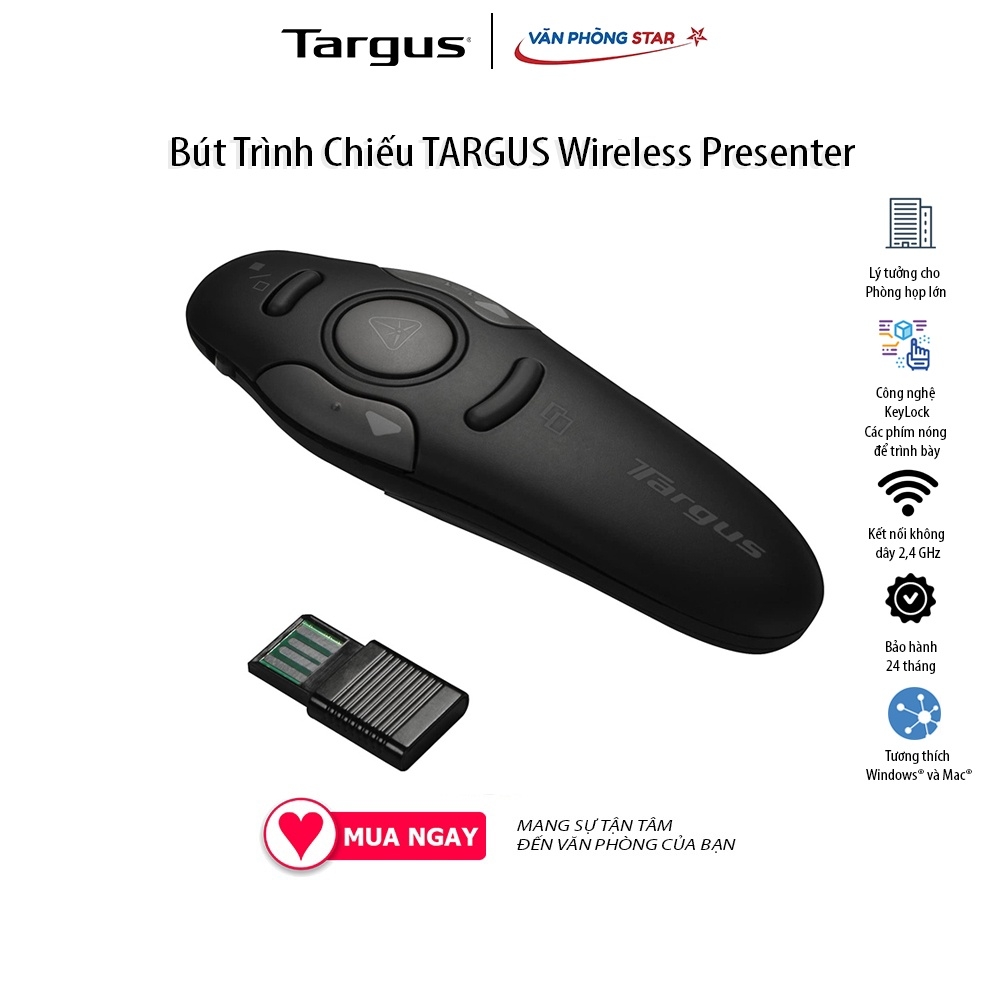 Bút Trình Chiếu TARGUS P19 Wireless Presenter With Laser Pointer Kết nối không dây Tương thích với Windows & MacOS