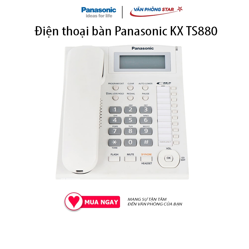 Điện thoại bàn Panasonic KX TS880Màn hình LCD hiển thị só gọi đến. Danh bạ 50 số. Gọi nhanh bằng 1 phím bấm: 20 số