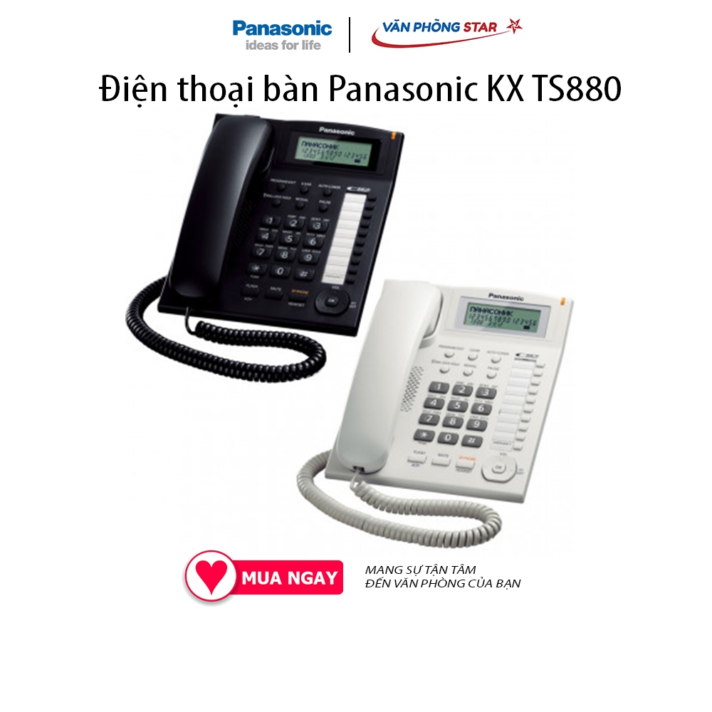 Điện thoại bàn Panasonic KX TS880Màn hình LCD hiển thị só gọi đến. Danh bạ 50 số. Gọi nhanh bằng 1 phím bấm: 20 số