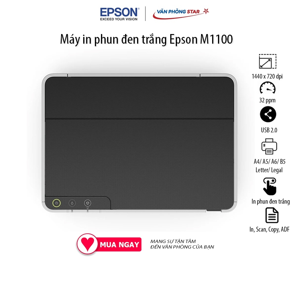 Máy in Epson M1100 in phun trắng đen, 30 trang/phút, 1440 dpi x 720 dpi, kết nối USB 2.0  Bảo hành chính hãng 4 năm
