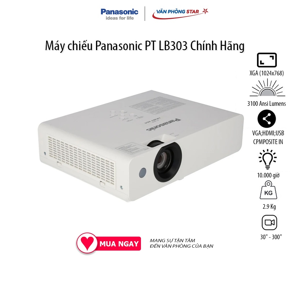 Máy chiếu Panasonic PT LB303 Độ phân giải XGA (1024x768), Độ sáng: 3100 Ansi Lumens. Tuổi thọ bóng đèn 10.000 giờ