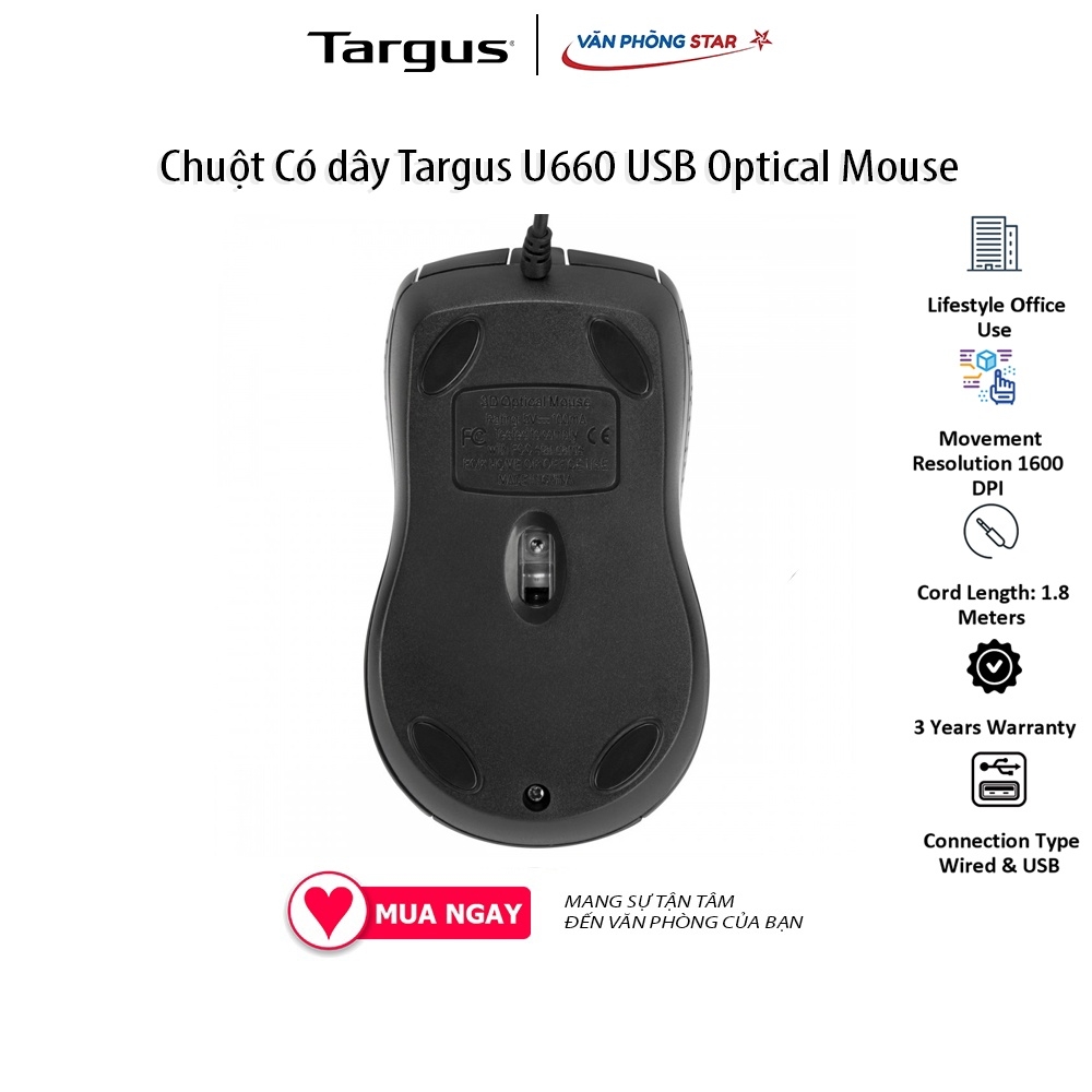 Chuột Có dây Targus U660 USB Optical Mouse. Độ phân giải 1600 DPI. 3 nút điều khiển. Kết nối USB chính hãng Vanphongstar