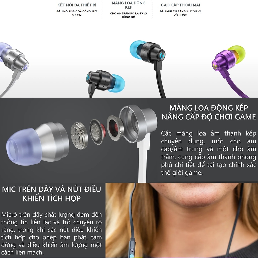 Tai nghe gaming logitech G333 chính hãng màn loa động kép Dual Driver, độ bền cao, 3.5mm Aux, Mic và điều khiển trên dây