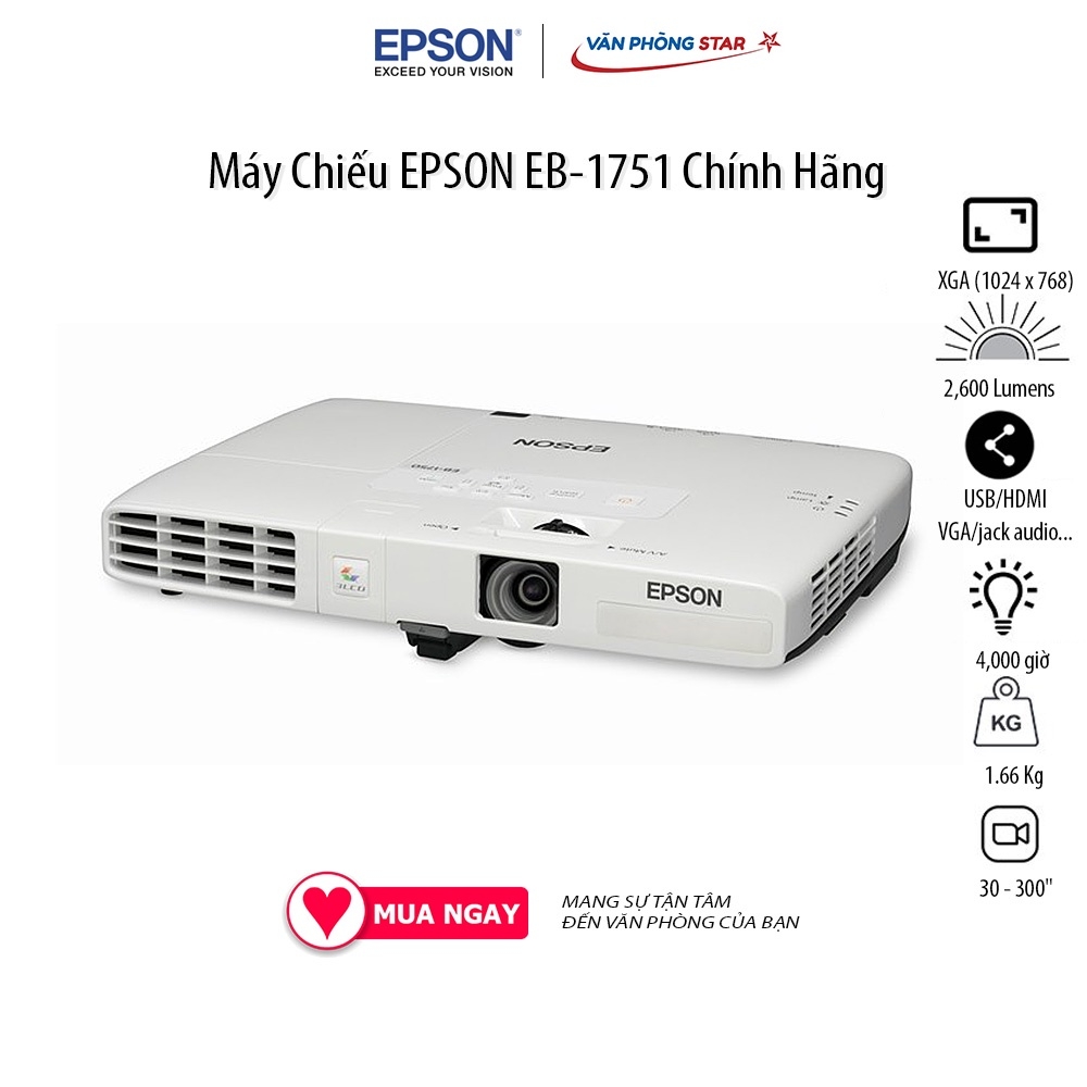 Máy Chiếu EPSON EB-1751 Chính Hãng. Độ phân giải 1024 x 768. Cường độ sáng 2,600 Lumens. Vùng chiếu 30 - 300