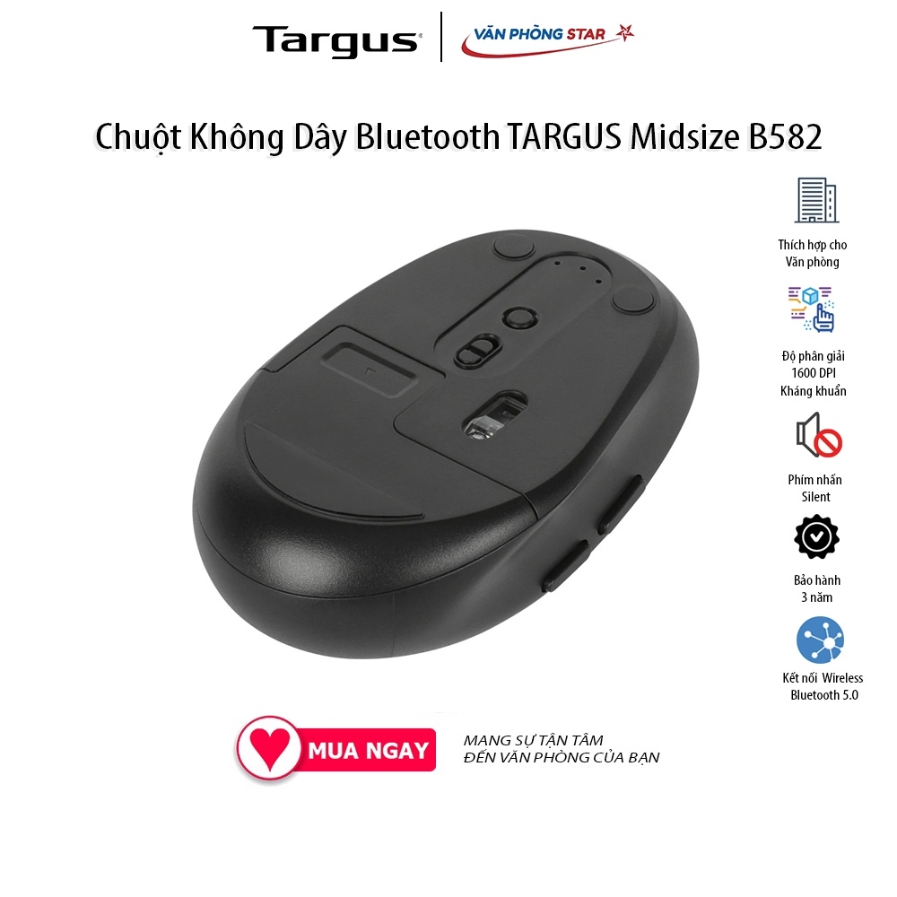 Chuột Không Dây Bluetooth TARGUS Midsize Comfort Kháng Khuẩn B582 Wireless Bluetooth + USB Click Silent chính hãng