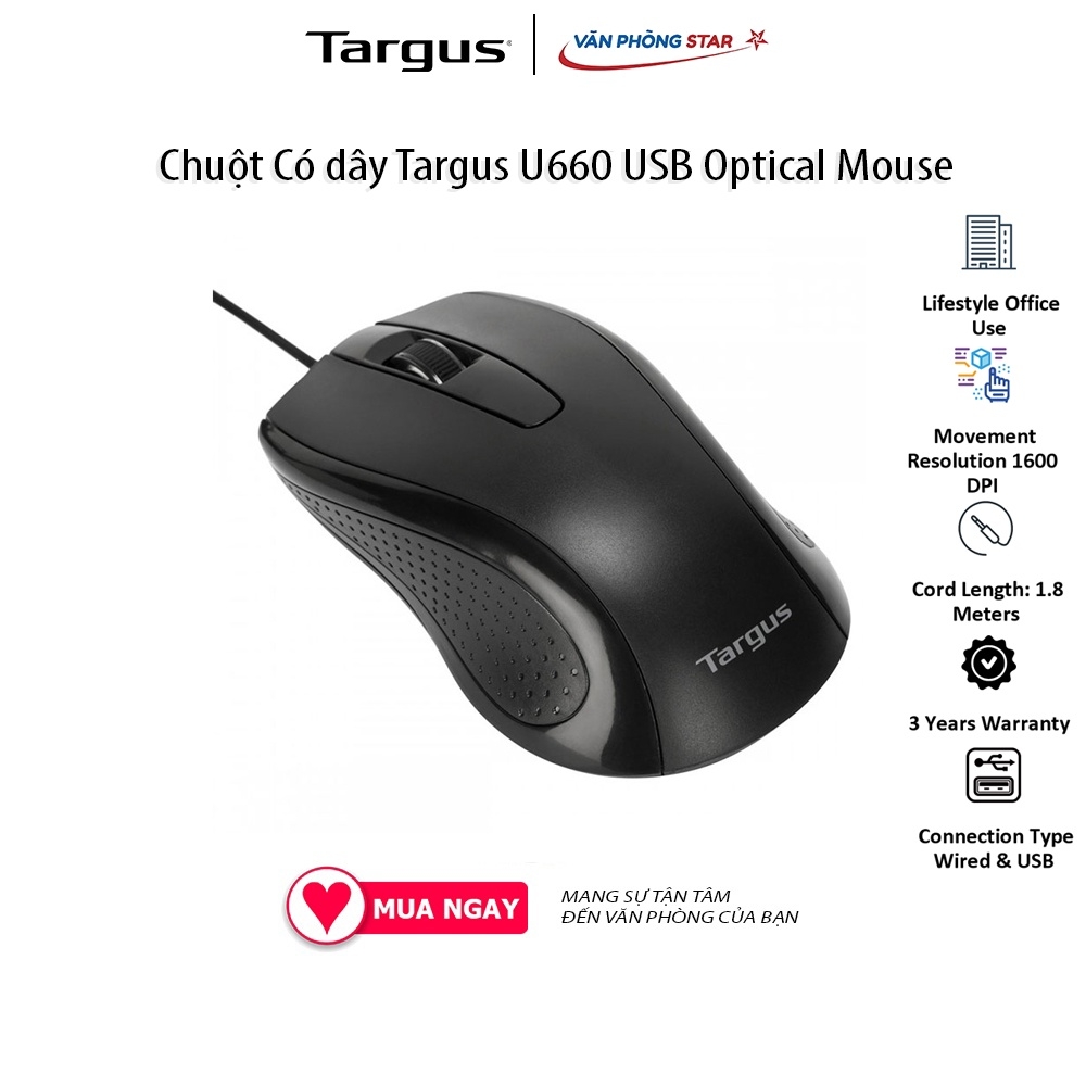 Chuột Có dây Targus U660 USB Optical Mouse. Độ phân giải 1600 DPI. 3 nút điều khiển. Kết nối USB chính hãng Vanphongstar