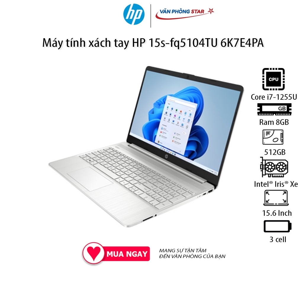 Laptop HP 15s-fq5104TU 6K7E4PA (Core i7-1255U | 8GB | 512GB | Iris® Xᵉ Graphics | 15.6 inch HD | Windows 11 Home
