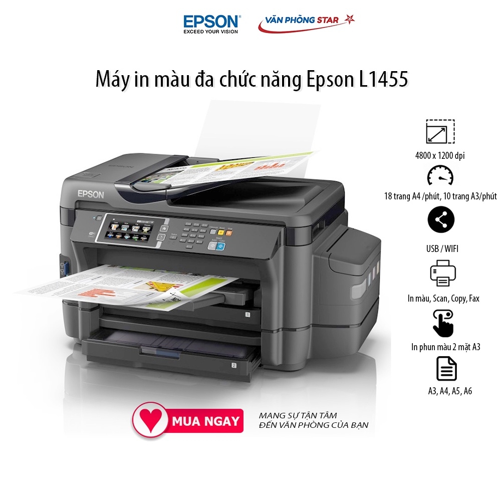 [FREESHIP] Máy in phun đa năng A3 Epson L1455 (In,Scan,Copy, Fax) 18 trang / 1 phút độ phân giải 4800 x 1200 dpi