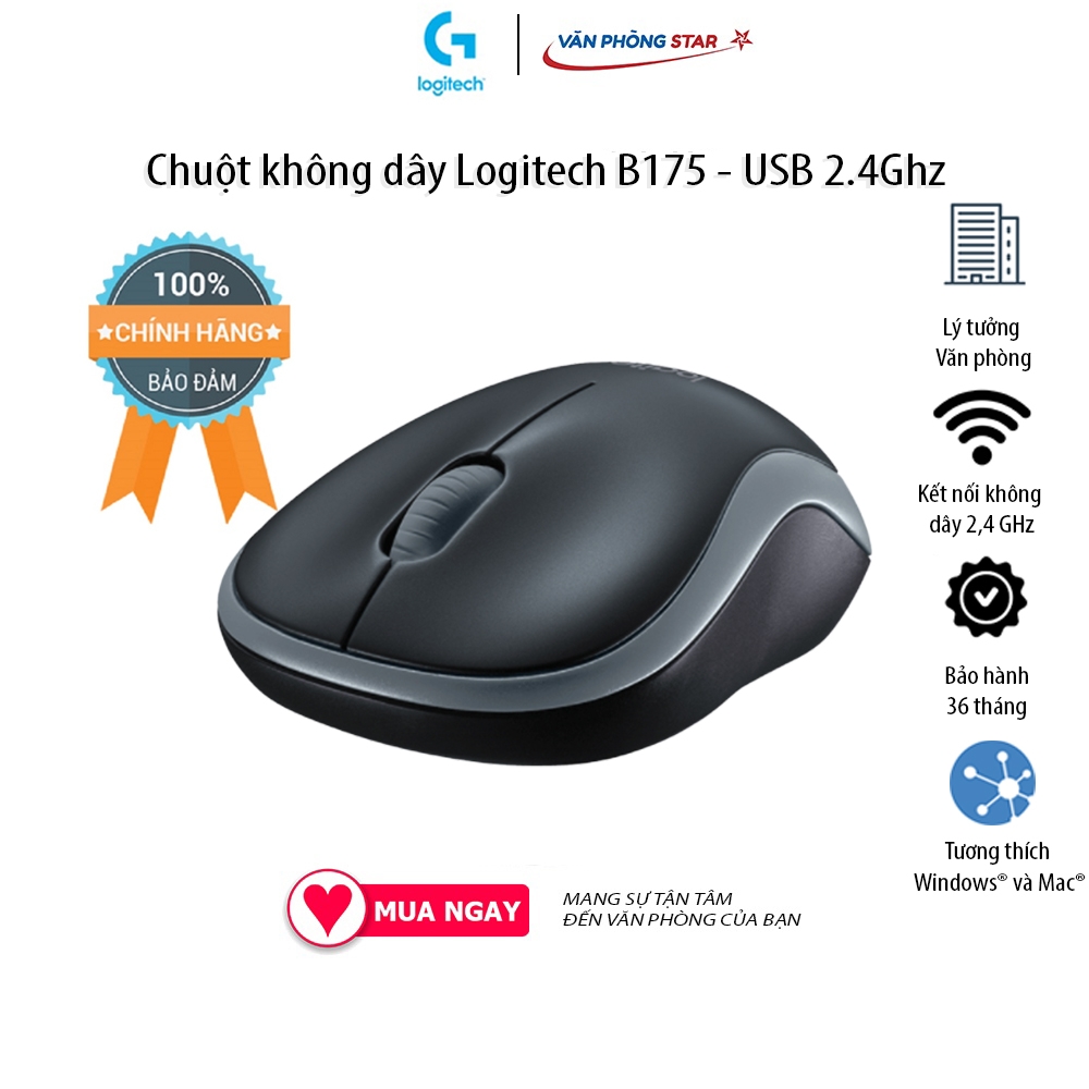 Chuột không dây Logitech B175 USB 2.4 Ghz tương thích Windows & MacOs 1 pin AA dùng 1 năm chính hãng bảo hành 3 năm