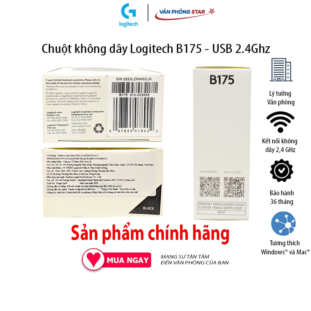 Chuột không dây Logitech B175 USB 2.4 Ghz tương thích Windows & MacOs 1 pin AA dùng 1 năm chính hãng bảo hành 3 năm