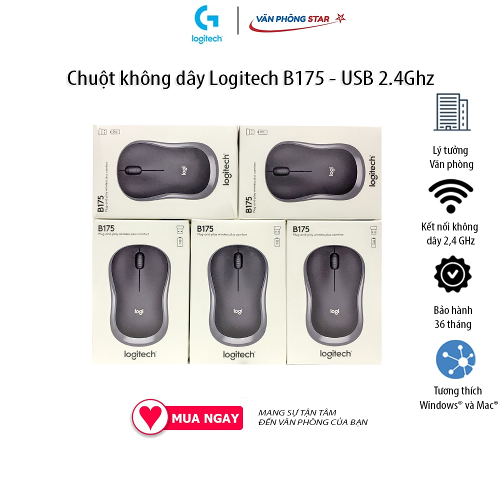 Chuột không dây Logitech B175 USB 2.4 Ghz tương thích Windows & MacOs 1 pin AA dùng 1 năm chính hãng bảo hành 3 năm