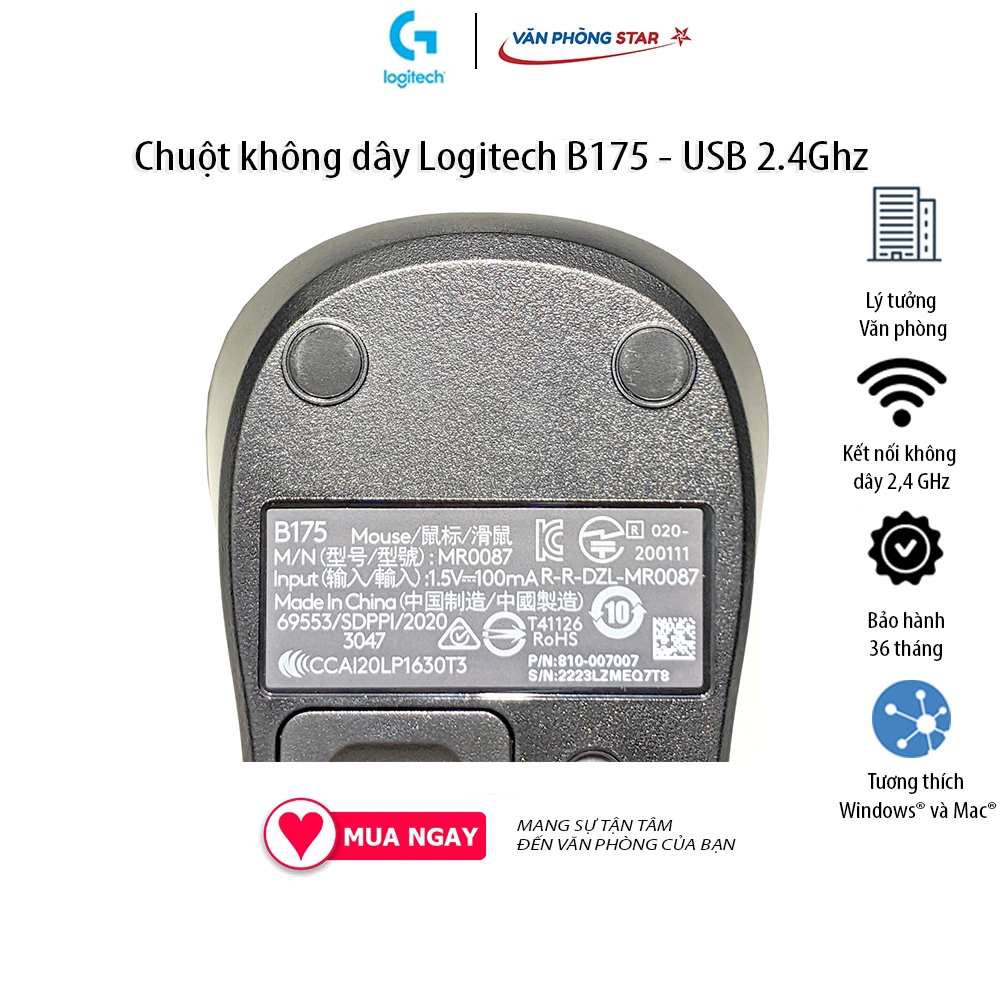 Chuột không dây Logitech B175 USB 2.4 Ghz tương thích Windows & MacOs 1 pin AA dùng 1 năm chính hãng bảo hành 3 năm