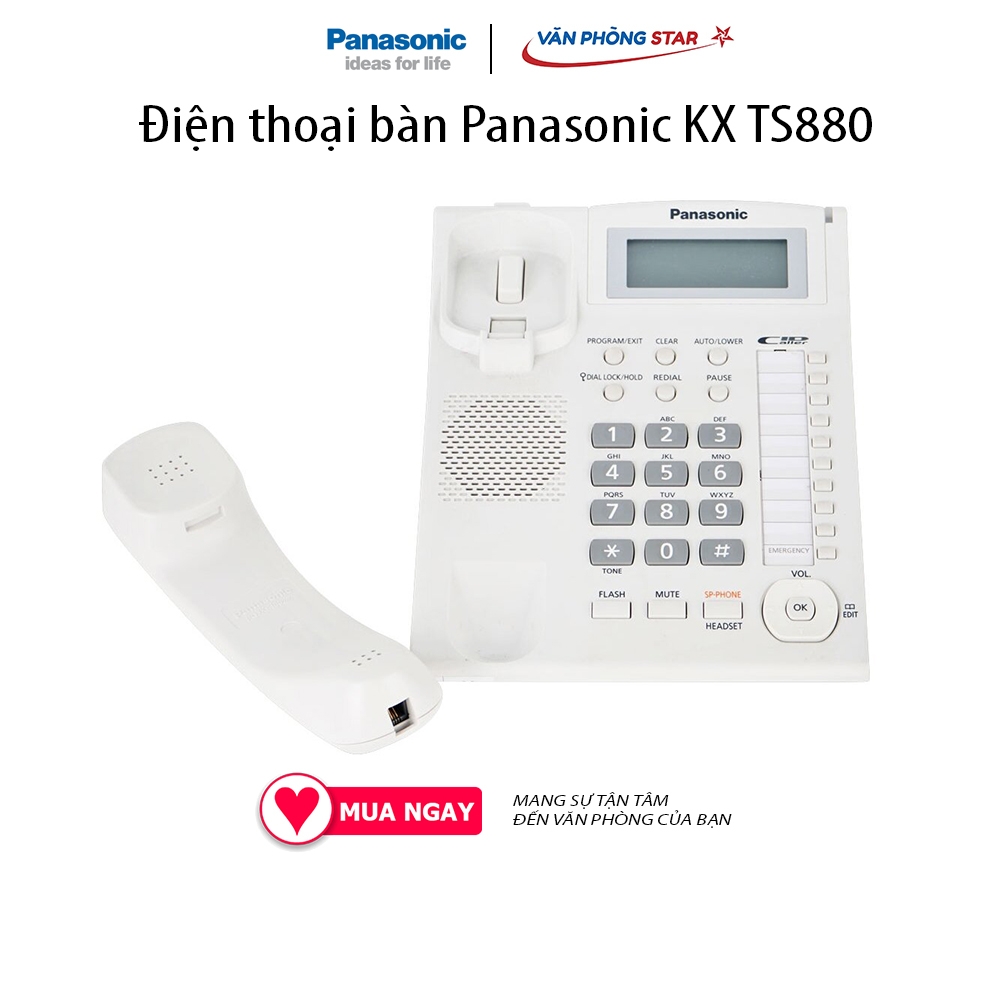 Điện thoại bàn Panasonic KX TS880Màn hình LCD hiển thị só gọi đến. Danh bạ 50 số. Gọi nhanh bằng 1 phím bấm: 20 số