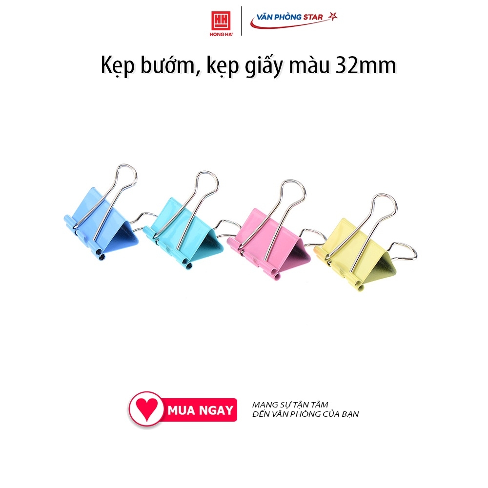 Kẹp bướm, kẹp giấy màu 32mm (hộp 24 chiếc) Màu sắc xanh dương, xanh lá, hồng, vàng neon  chất liệu kim loại cao cấp