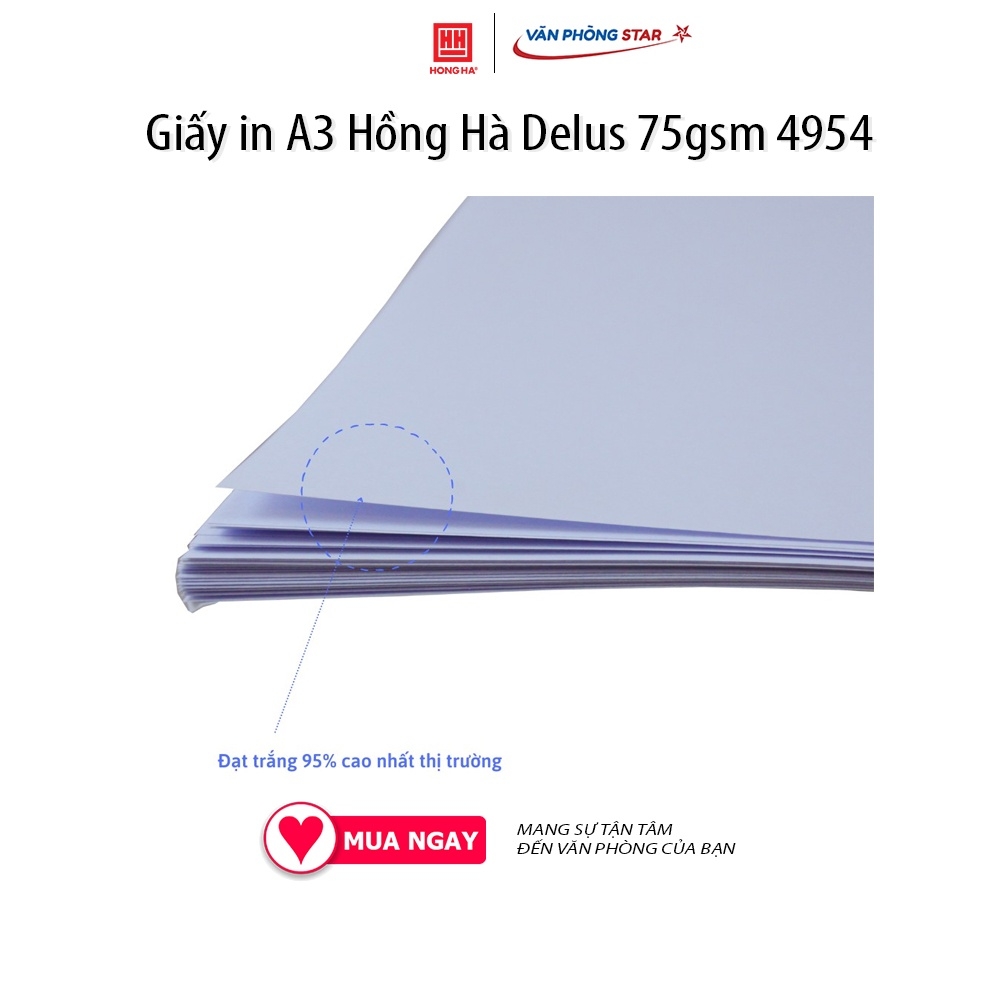 Giấy in A3 Delus Hồng Hà 75gsm 500 tờ/ream 4954. Giấy không bụi, đảm bảo sức khỏe, Thiết kế sang trọng 100% Chlorin free