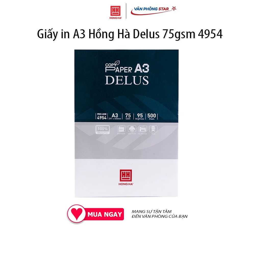 Giấy in A3 Delus Hồng Hà 75gsm 500 tờ/ream 4954. Giấy không bụi, đảm bảo sức khỏe, Thiết kế sang trọng 100% Chlorin free
