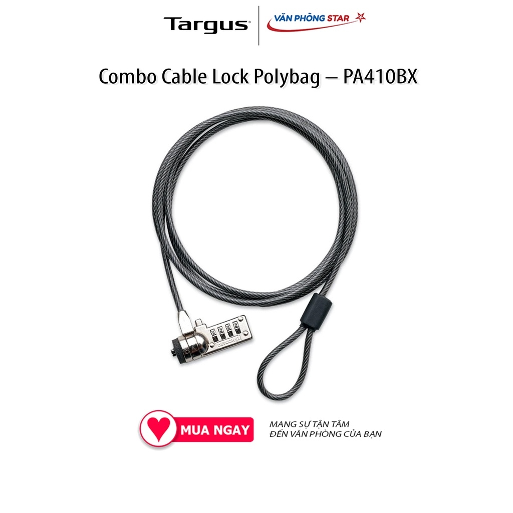 Khóa Laptop TARGUS DEFCON Resettable T-Lock Combo Cable Lock Polybag – PA410BX. Mật mã 4 chữ số. Bảo hành chính hãng