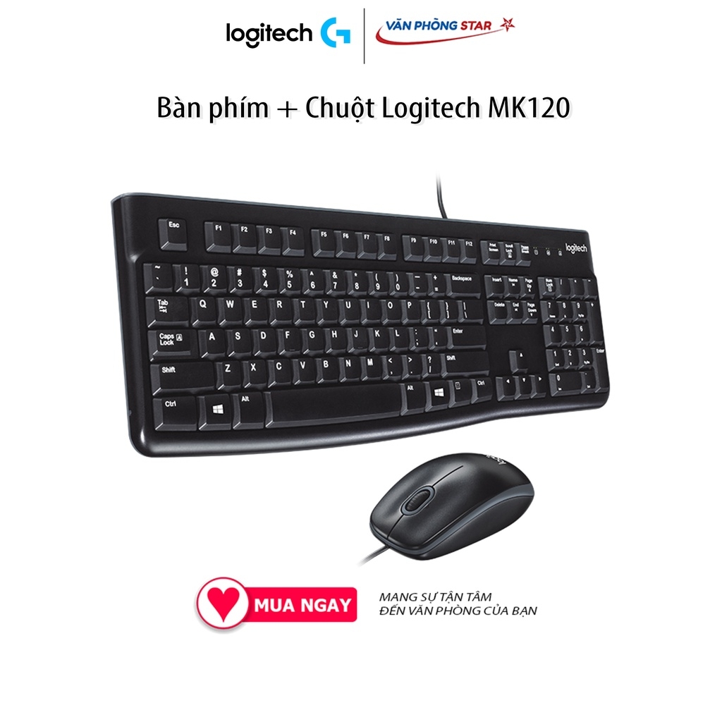 Bàn phím + Chuột Logitech MK120 Kết nối USB, chiều dài dây 1,5m. Chuột 1000dpi, bàn phím Full size chính hãng BH