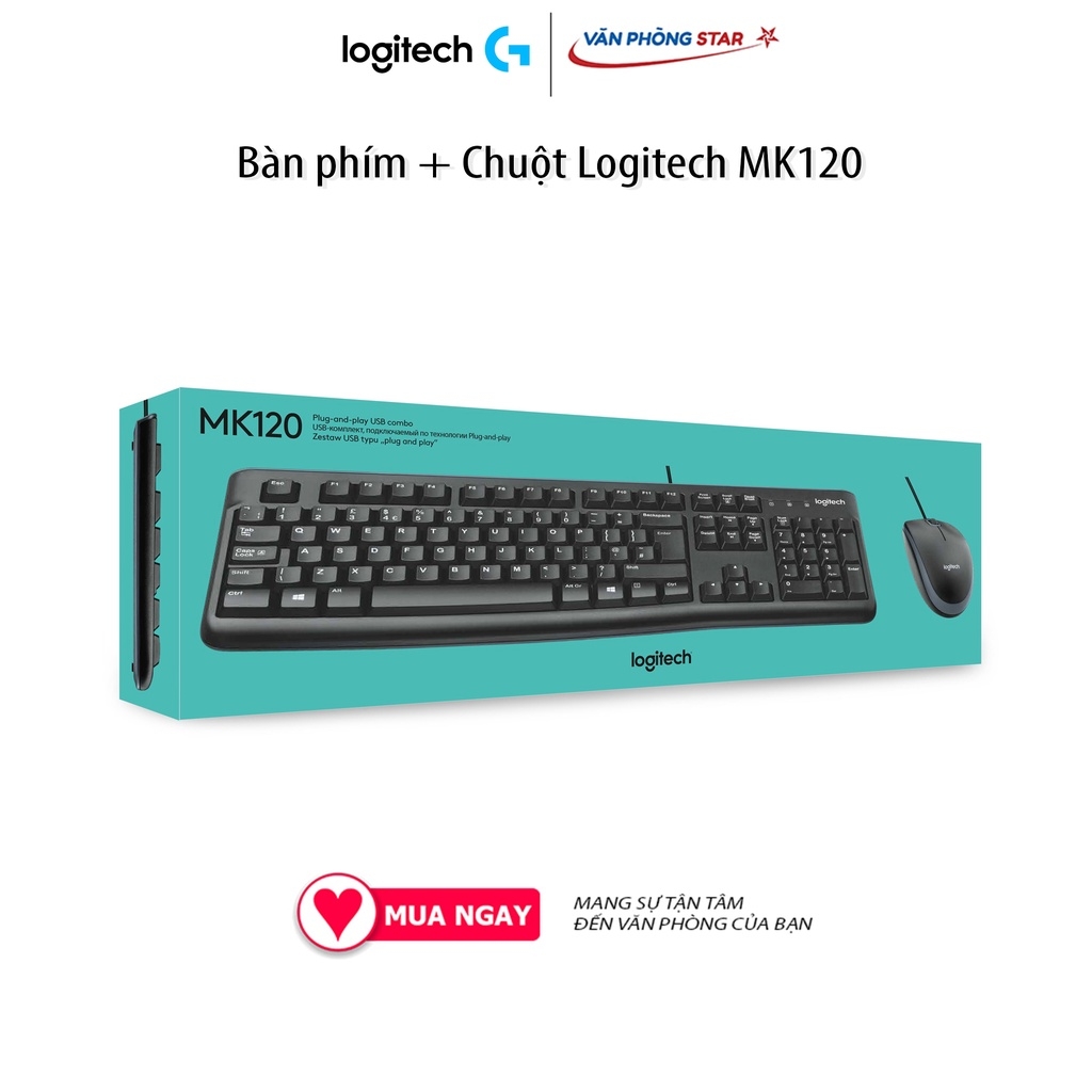 Bàn phím + Chuột Logitech MK120 Kết nối USB, chiều dài dây 1,5m. Chuột 1000dpi, bàn phím Full size chính hãng BH