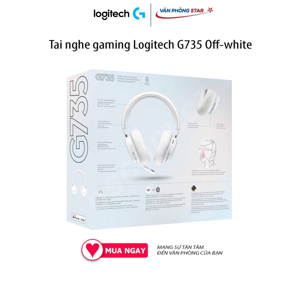 Tai nghe gaming không dây Logitech G735 Off-white kết nối Bluetooth, LED RGB, kích thước driver 40 mm