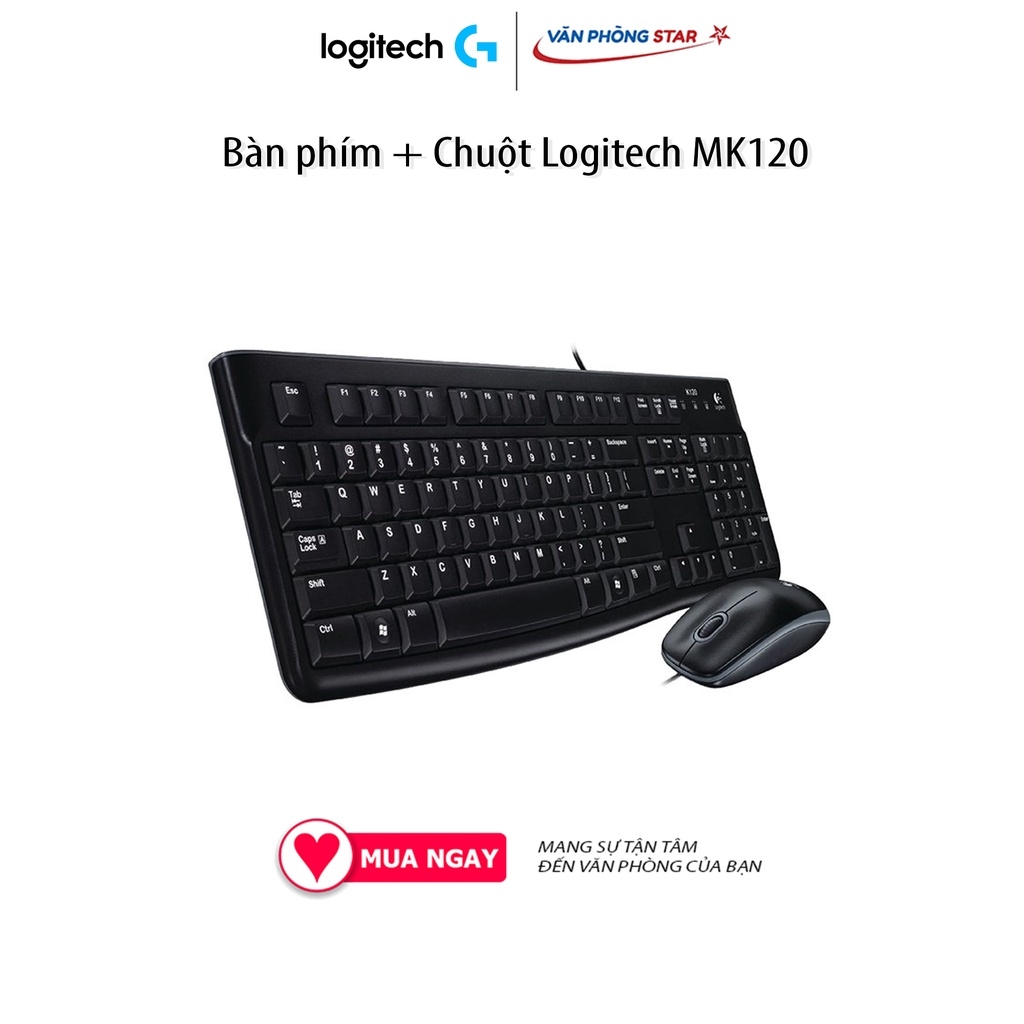 Bàn phím + Chuột Logitech MK120 Kết nối USB, chiều dài dây 1,5m. Chuột 1000dpi, bàn phím Full size chính hãng BH