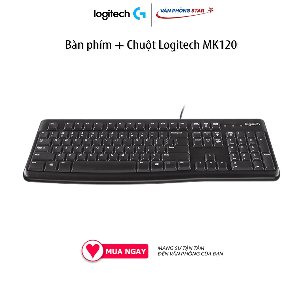 Bàn phím + Chuột Logitech MK120 Kết nối USB, chiều dài dây 1,5m. Chuột 1000dpi, bàn phím Full size chính hãng BH