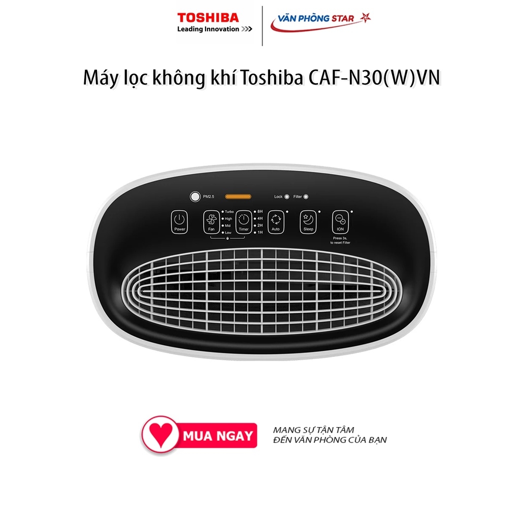 Máy lọc không khí Toshiba CAF-N30(W)VN lọc bụi mịn PM 2.5 lên đến 95% và 99.9% vi khuẩn. Diện tích phù hợp Từ 21 - 36 m2