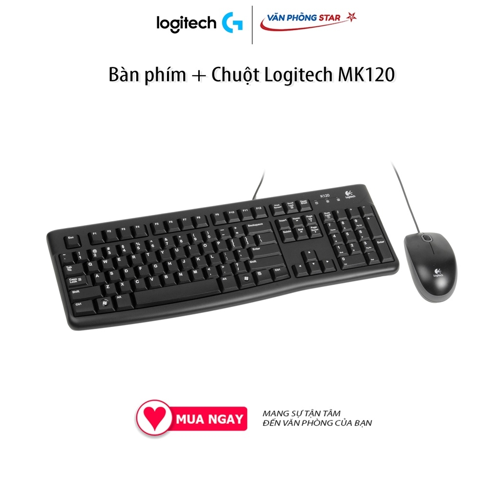 Bàn phím + Chuột Logitech MK120 Kết nối USB, chiều dài dây 1,5m. Chuột 1000dpi, bàn phím Full size chính hãng BH
