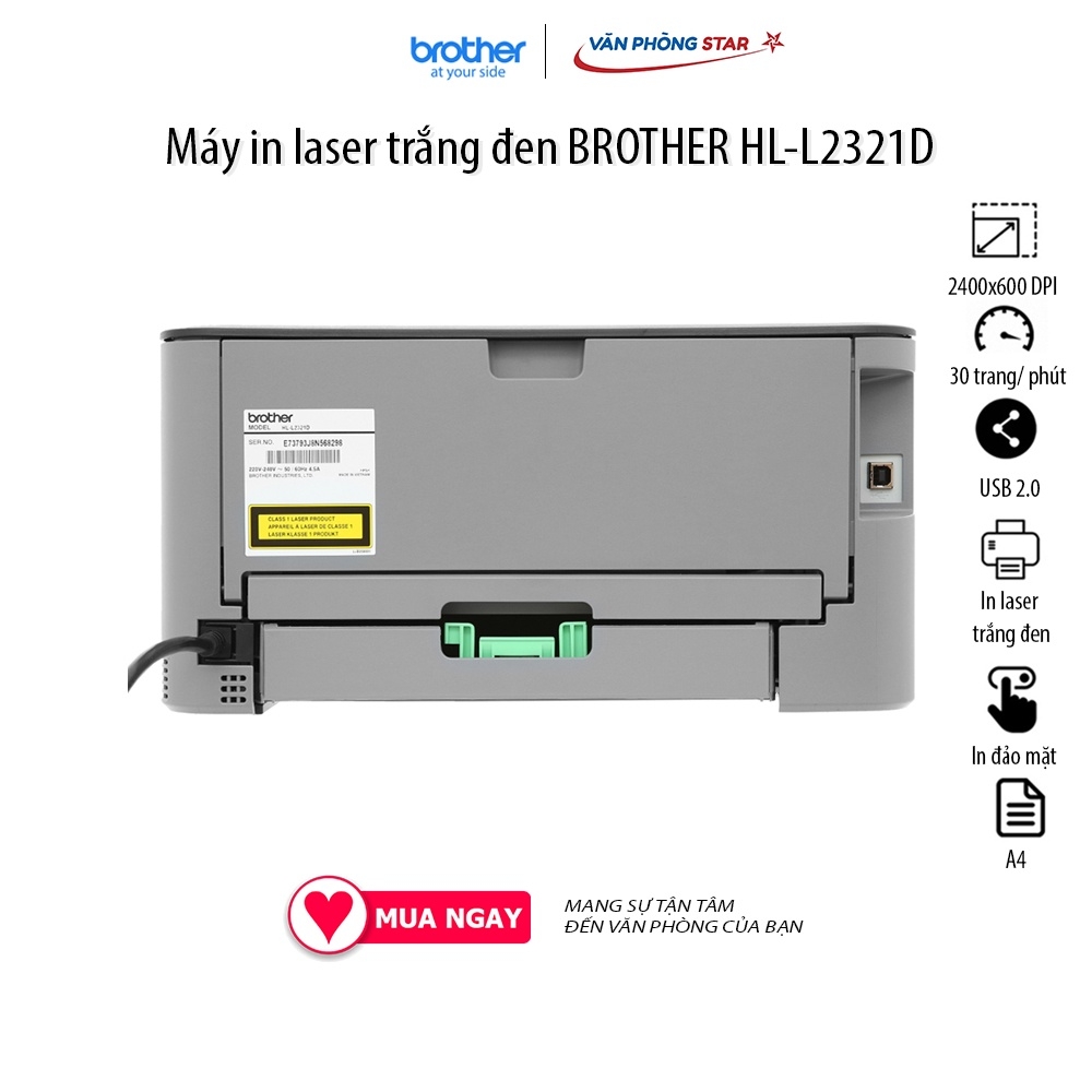 Máy in hai mặt trắng đen BROTHER HL-L2321D, độ phân giải 2400x600, tốc độ in 30 trang/ phút