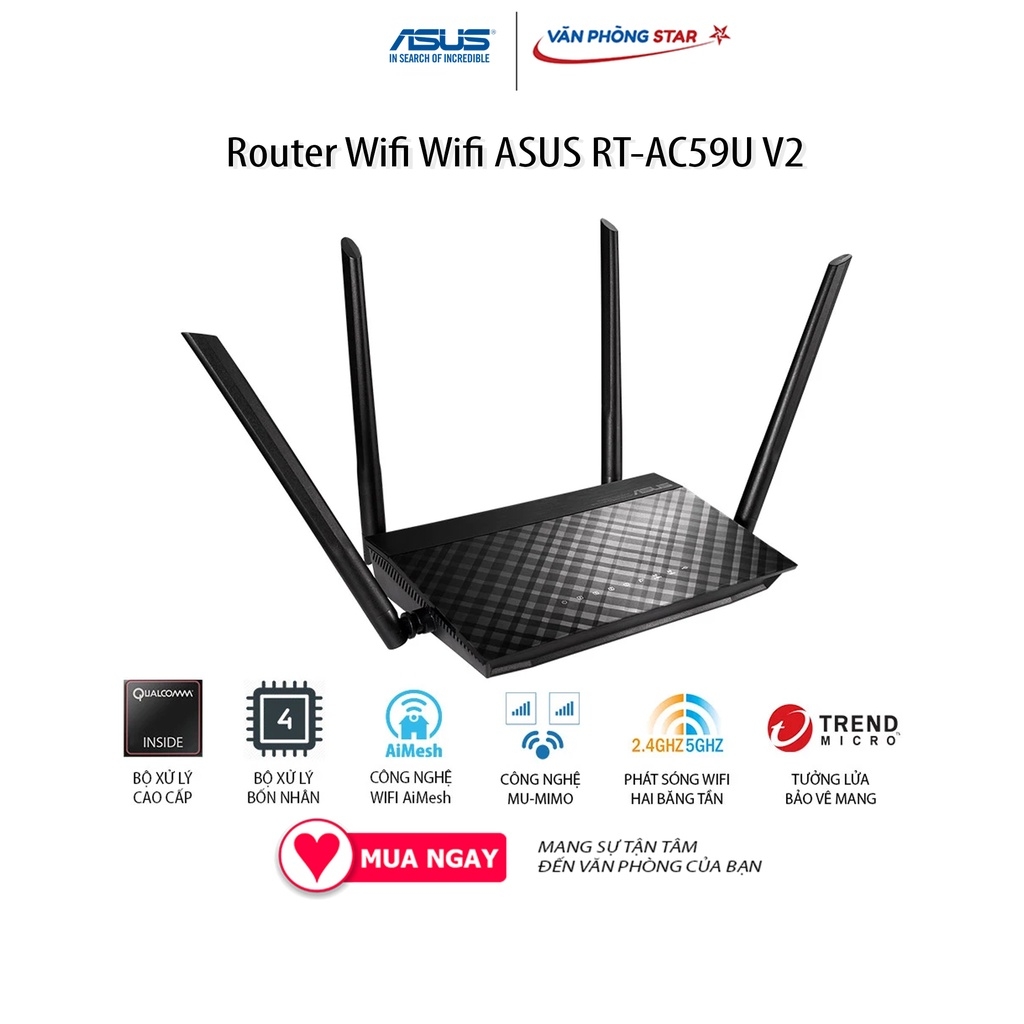 Router Wifi Wifi ASUS RT-AC59U V2 chuẩn kết nối 802.11 a/b/g/n/ac, 1x WAN Gigabit, 4x LAN Gigabit