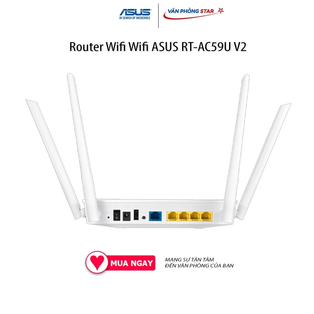 Router Wifi Wifi ASUS RT-AC59U V2 chuẩn kết nối 802.11 a/b/g/n/ac, 1x WAN Gigabit, 4x LAN Gigabit