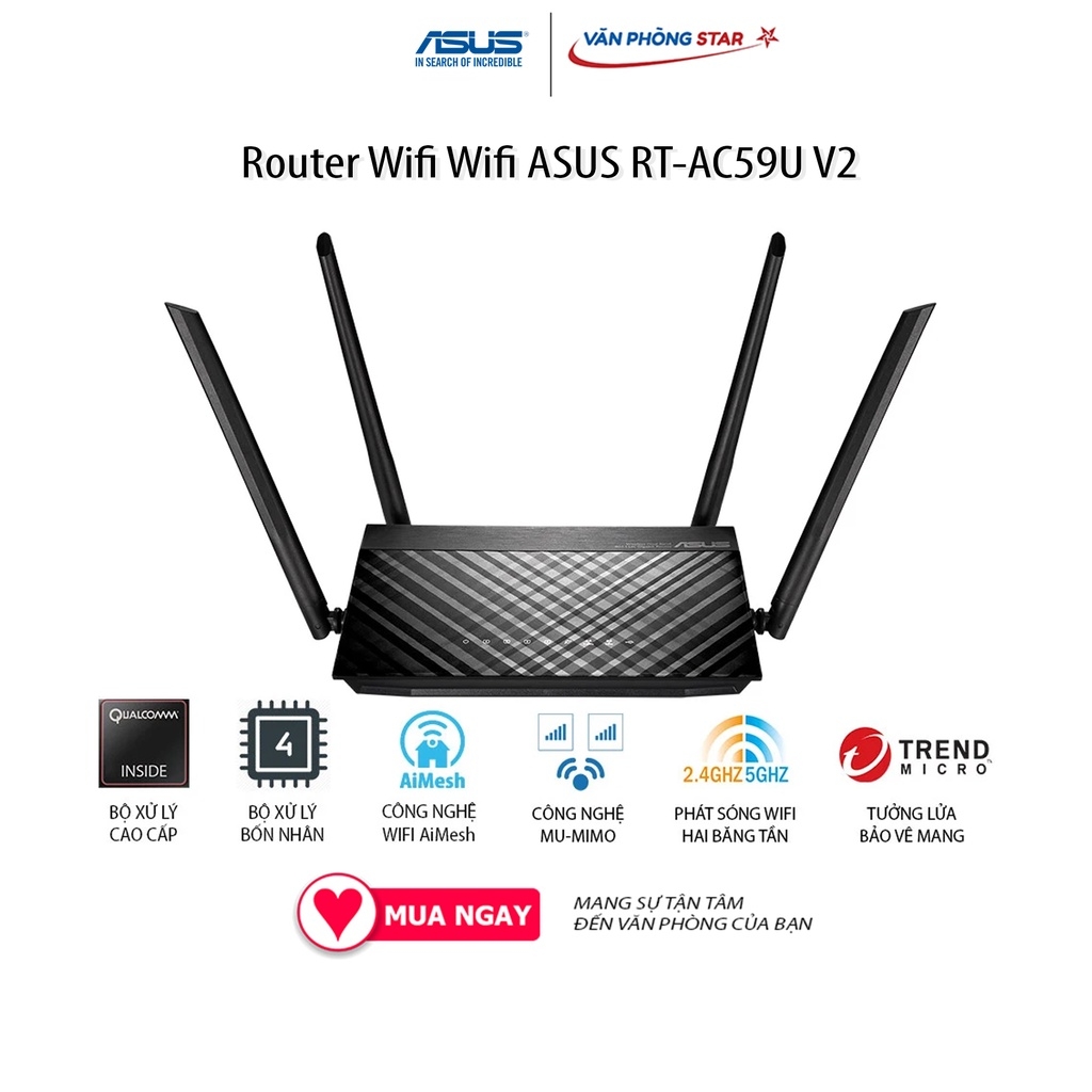 Router Wifi Wifi ASUS RT-AC59U V2 chuẩn kết nối 802.11 a/b/g/n/ac, 1x WAN Gigabit, 4x LAN Gigabit