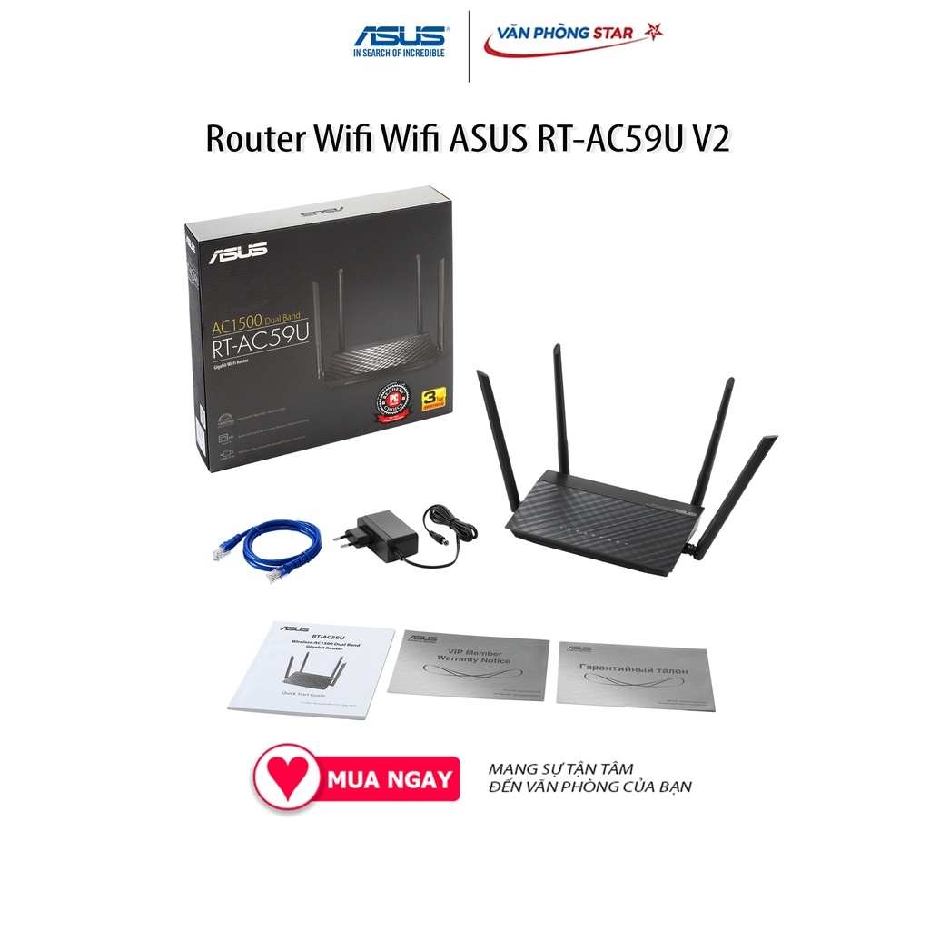Router Wifi Wifi ASUS RT-AC59U V2 chuẩn kết nối 802.11 a/b/g/n/ac, 1x WAN Gigabit, 4x LAN Gigabit