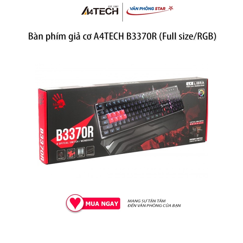 Bàn phím giả cơ A4TECH B3370R (Full size/RGB), Kết nối USB 2.0, Kích thước Full size,  tốc độ phản hồi chỉ có 0.2ms
