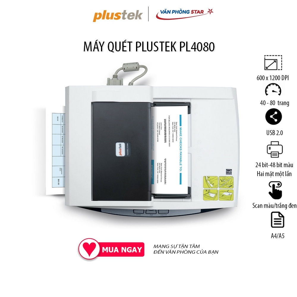 MÁY QUÉT PLUSTEK PL4080 (SCAN 2 MẶT TỰ ĐỘNG) Tốc độ quét (ADF): 40 tờ/phút, 80 ảnh/phút