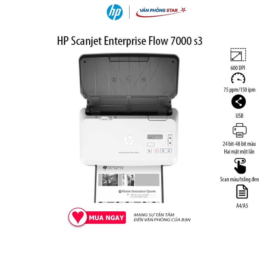 Máy quét HP Enterprise Flow 7000 S3, Tốc độ 75 ppm/150 ipm. Scan hai mặt