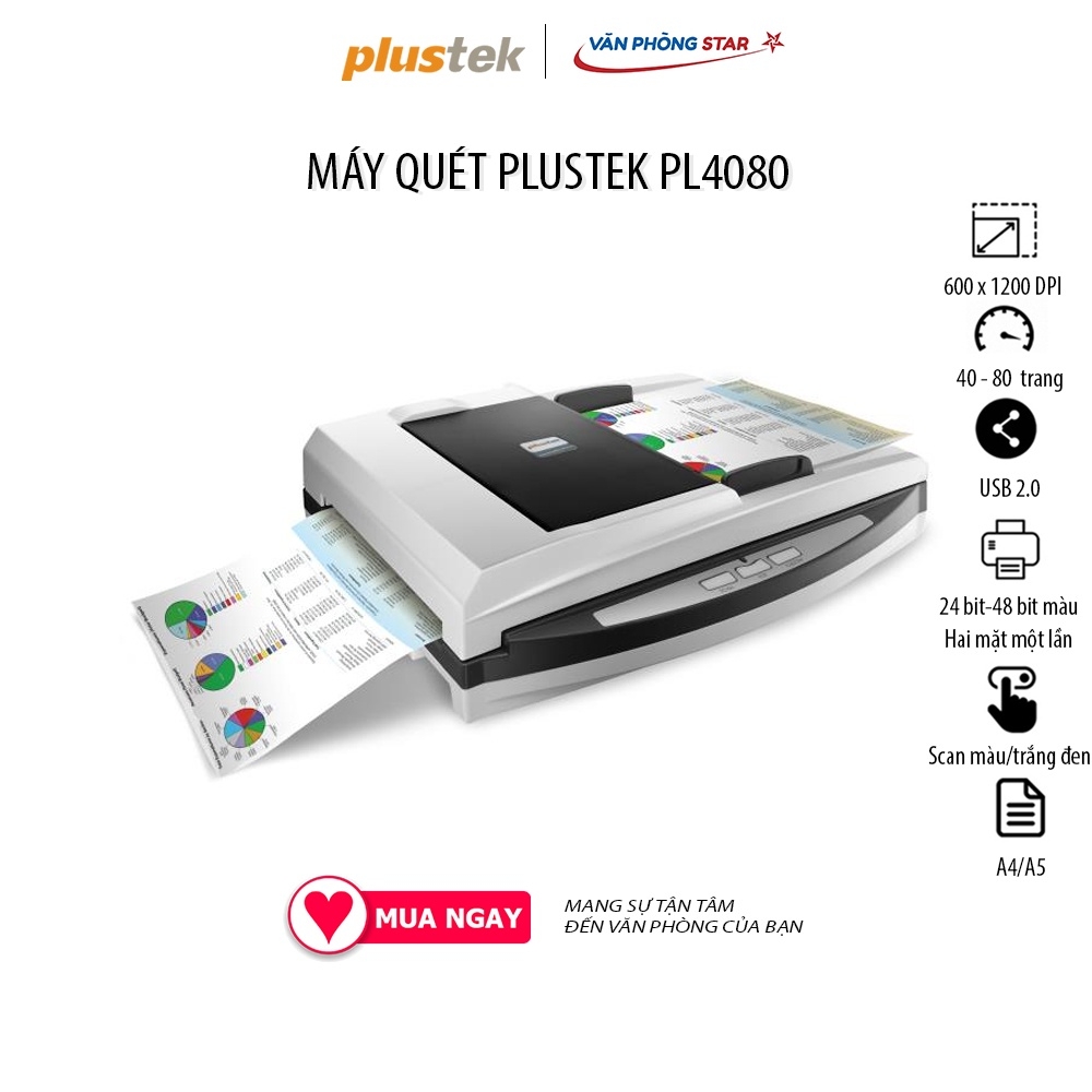 MÁY QUÉT PLUSTEK PL4080 (SCAN 2 MẶT TỰ ĐỘNG) Tốc độ quét (ADF): 40 tờ/phút, 80 ảnh/phút