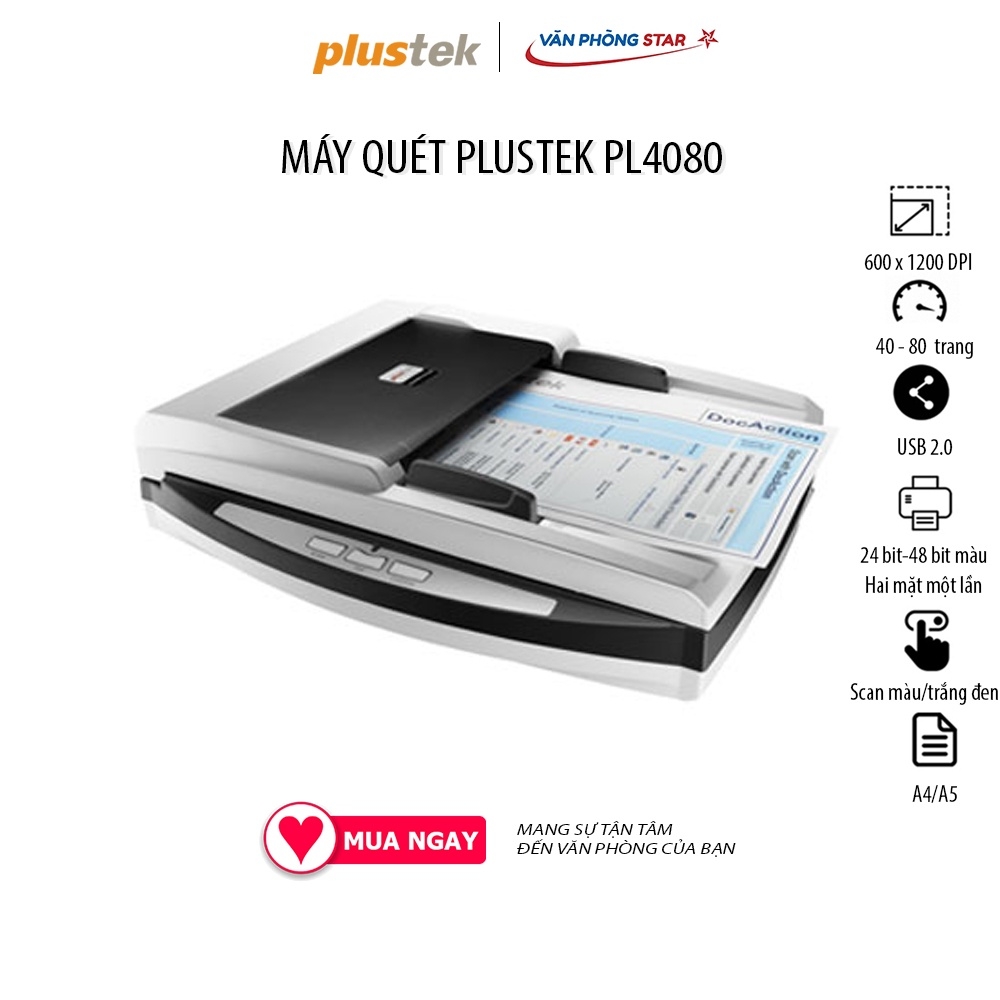 MÁY QUÉT PLUSTEK PL4080 (SCAN 2 MẶT TỰ ĐỘNG) Tốc độ quét (ADF): 40 tờ/phút, 80 ảnh/phút