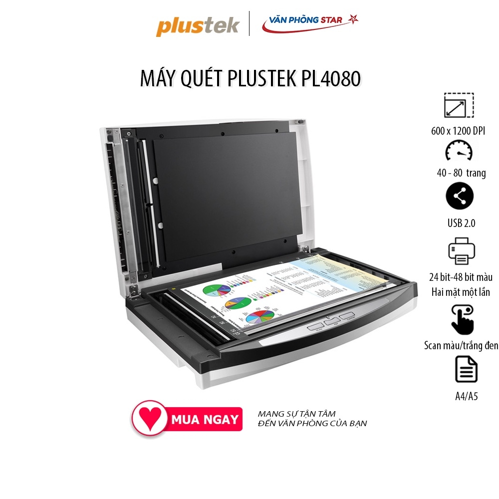 MÁY QUÉT PLUSTEK PL4080 (SCAN 2 MẶT TỰ ĐỘNG) Tốc độ quét (ADF): 40 tờ/phút, 80 ảnh/phút