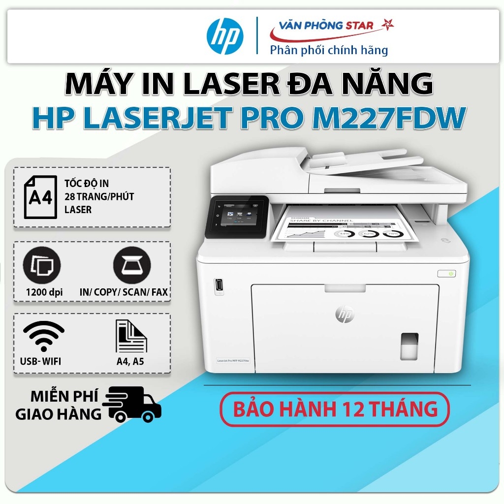 Máy in đa năng HP LaserJet Pro MFP M227FDW. Máy in laser A4 wifi: in đảo mặt, copy, scan chính hãng BH 1 đổi 1