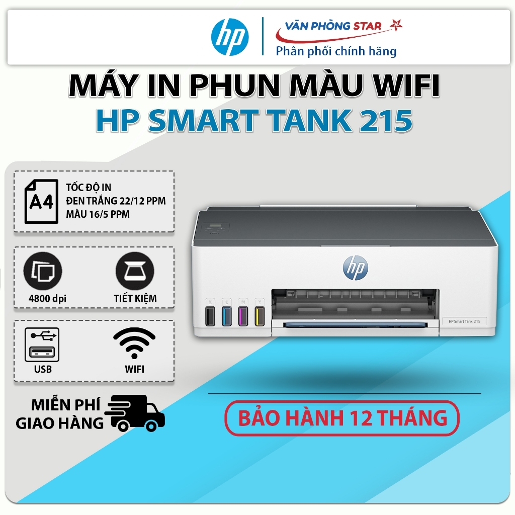 Máy in phun màu HP Smart Tank 210/ 215 WIFI. Máy in màu chính hãng HP - Bảo hành 12 tháng